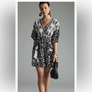 Farm Rio for Anthropologie Black and White linen mini dress NWT
